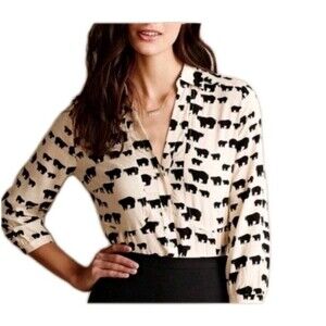 Anthropologie Maeve Woodland Walk Bear Print Button Front Blouse Size 6